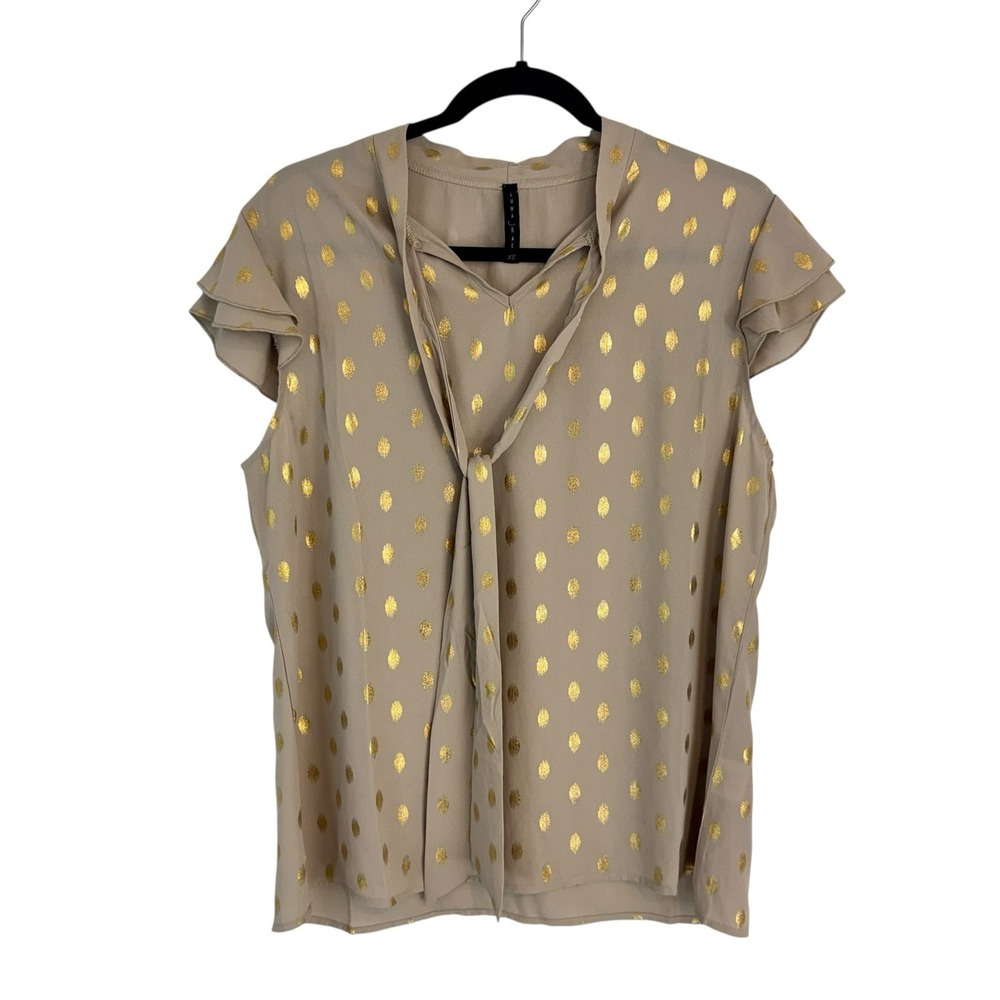 Luna Rae Tie Neck Blouse Womens XL‎ Tan Gold Foil Polka Dot Flutter Sleeve Top